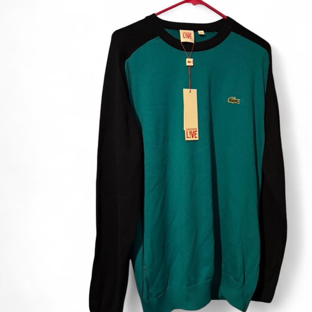 Lacoste Golfing Preppy Classic Teal & Navy colorblock cotton crewneck sweater.